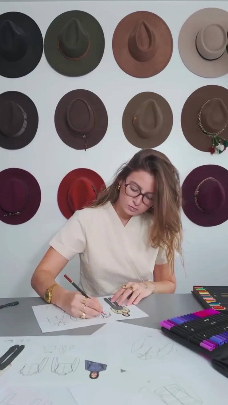 La créatrice dessine des croquis de vestes devant un mur de chapeaux